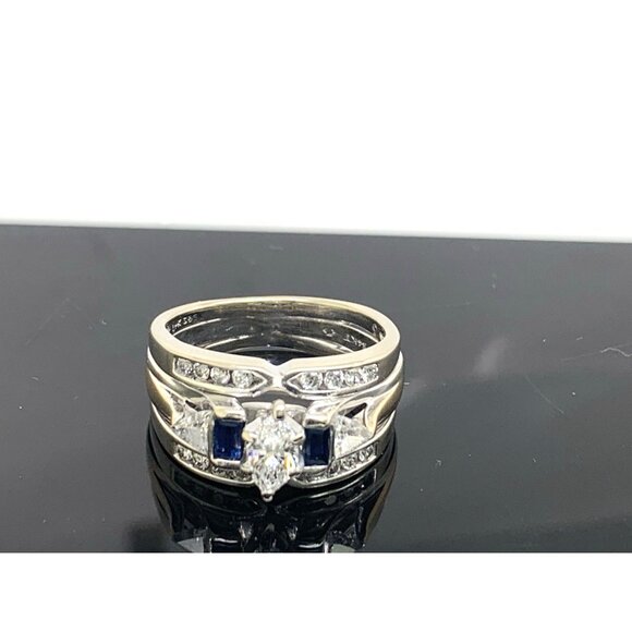 Wedding Set Diamond Blue Sapphire 14K White Gold Engagement Ring Band Size 5.25 - Picture 11 of 12